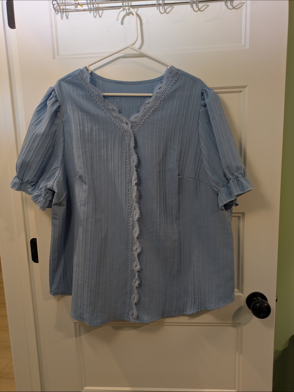 🔴 3/$15 Light Blue Lace-Trim V-Neck Puff Sleeve Blouse